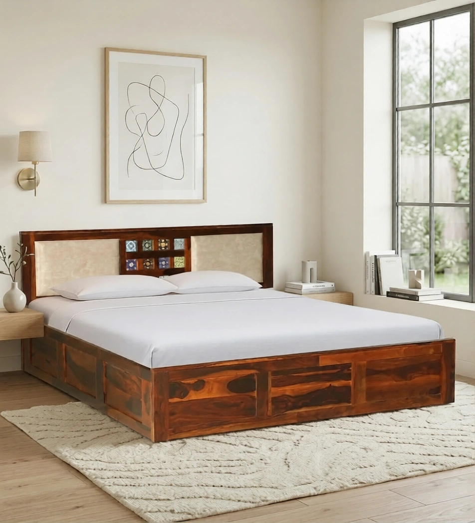 Solid wood bed with elegant headboard design