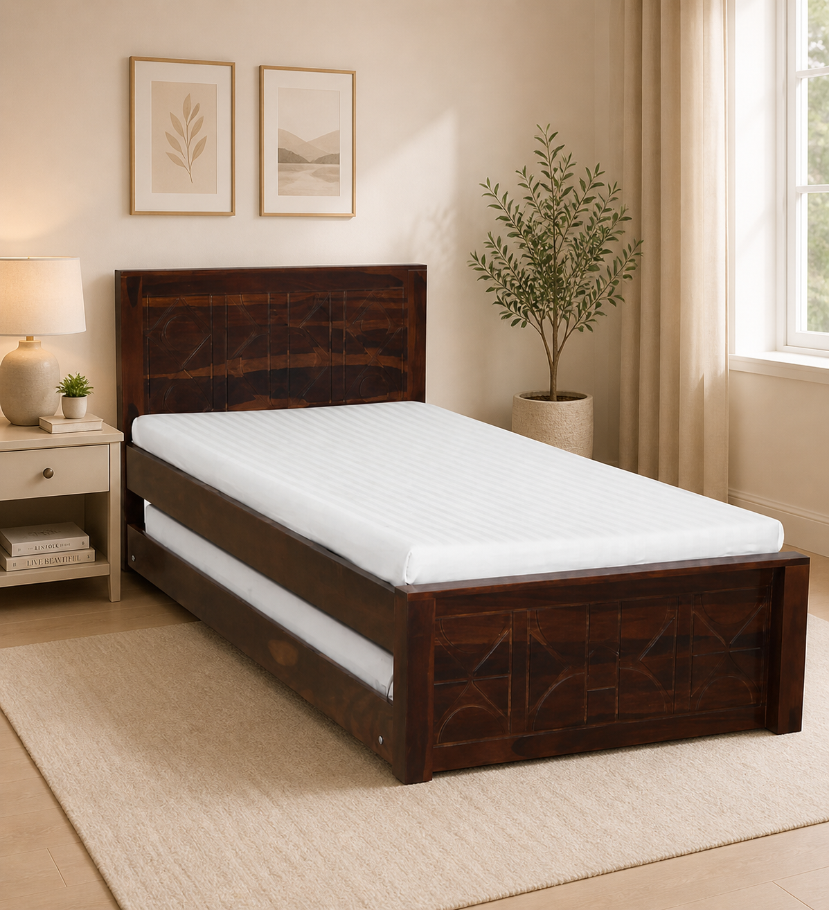 Qalvora Wooden Single Bed with Strong Base in Natural Finish