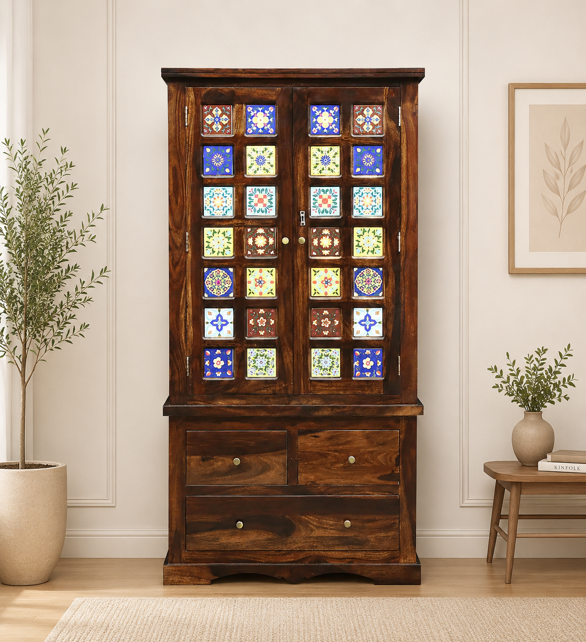 Lohemia Sheesham Wood Storage Cabinet with Decorative Tiles